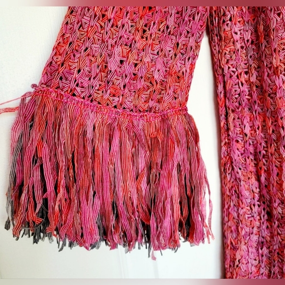 Nic + Zoe Pink & Red Airy Macrame Ribbon Knit Fringe Sweater, Medium Size, - Picture 12 of 16
